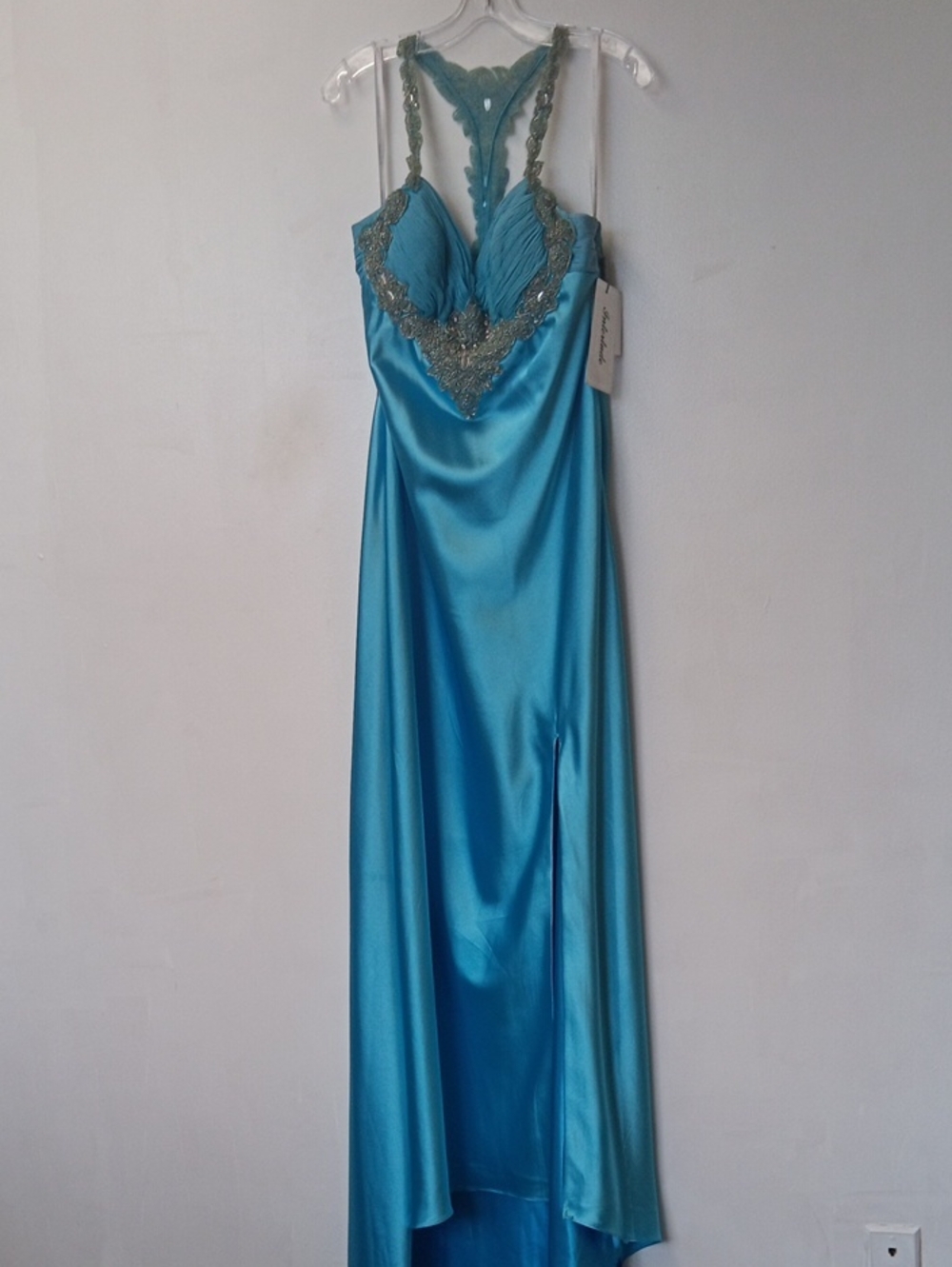 Vintage Light Turqouise Satin High-Low Evening Dress with Beaded Bodice